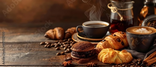 Savor the rich aroma of freshly brewed coffee and pastries at dawn, with solid background and copy space on center for advertise