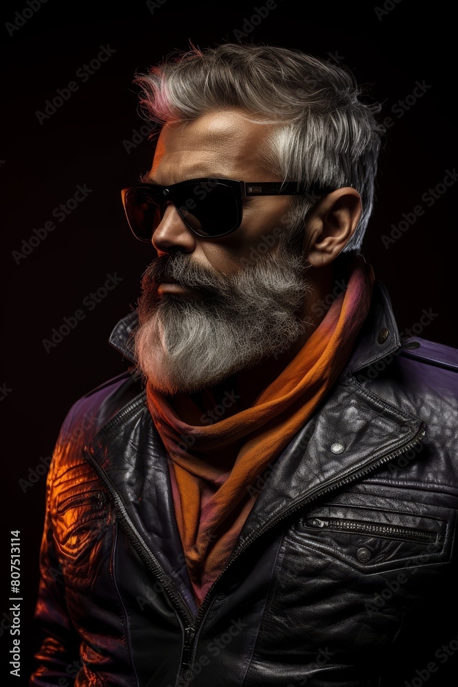 Obraz premium Stylish bearded man in leather jacket and sunglasses