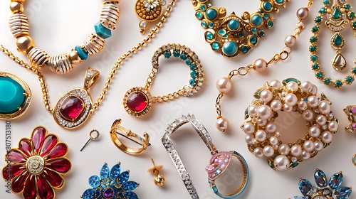 Assortment of vibrant necklaces, rings, and earrings displayed against a white backdrop, symbolizing luxury and style.