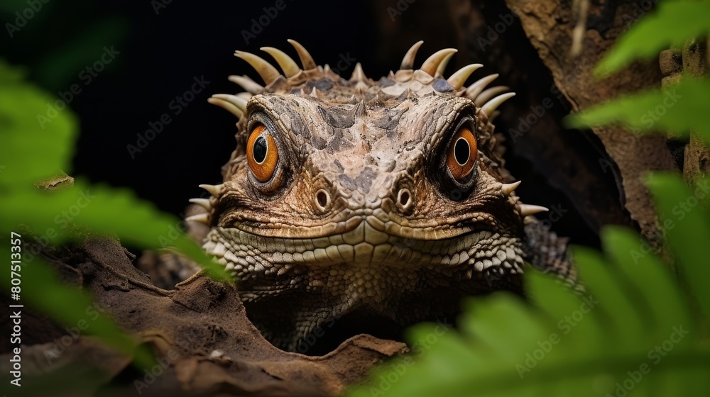Fototapeta premium Curious horned lizard in the forest