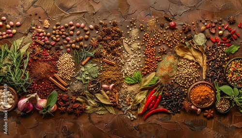 Fototapeta Naklejka Na Ścianę i Meble -  The Creative Banner of global cuisine features an array of spices and herbs from around the world