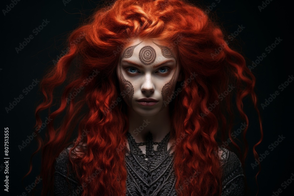 Mysterious redhead woman with intricate facial markings