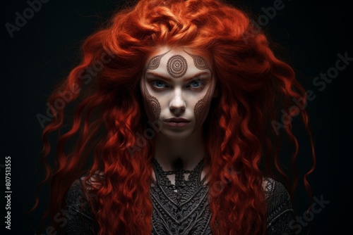 Mysterious redhead woman with intricate facial markings