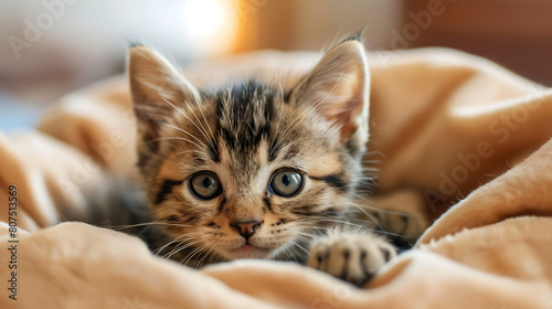 Cute kitten resting in the bed looking at camera