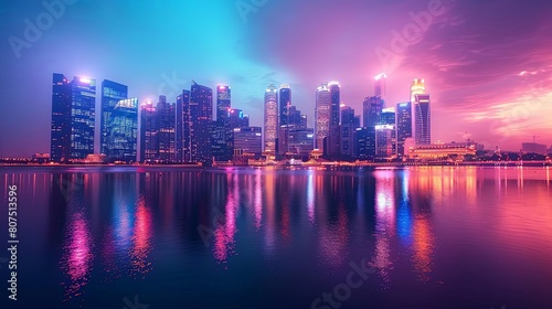 cityscape skylines at twilight reflected in calm waters, with towering buildings and a clear blue sky in the background