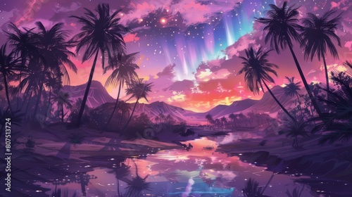 Tropical paradise under a surreal cosmic sky