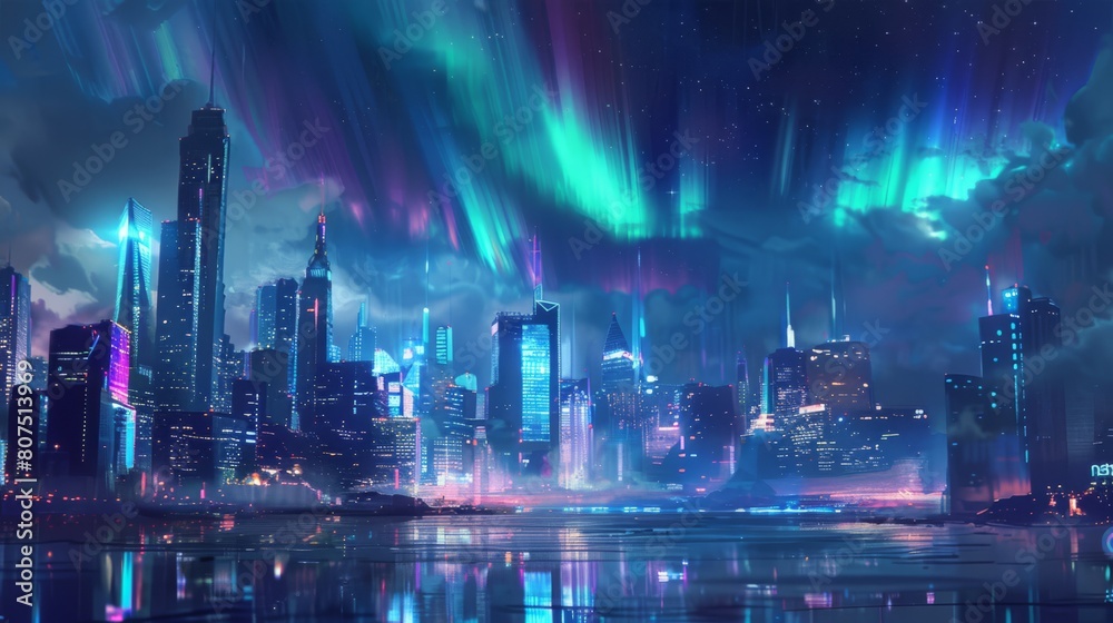 A futuristic city basks under the glow of auroras