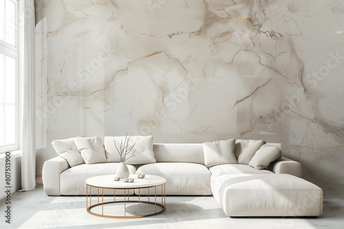 White marble pattern corner sofa and modern coffee table against stucco wall with copy space. Loft interior design of modern living room, home, Soft tone Clear light through window.