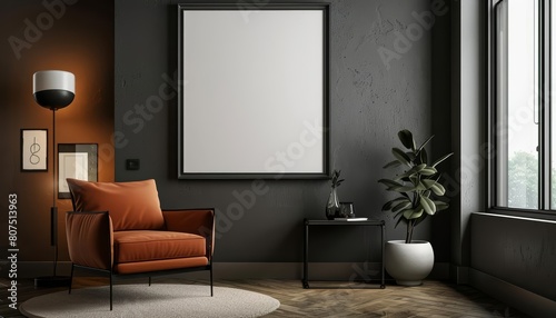 The Minimalist modern interior is highlighted by a sleek  Square blank poster frame mockup  3D render sharpen