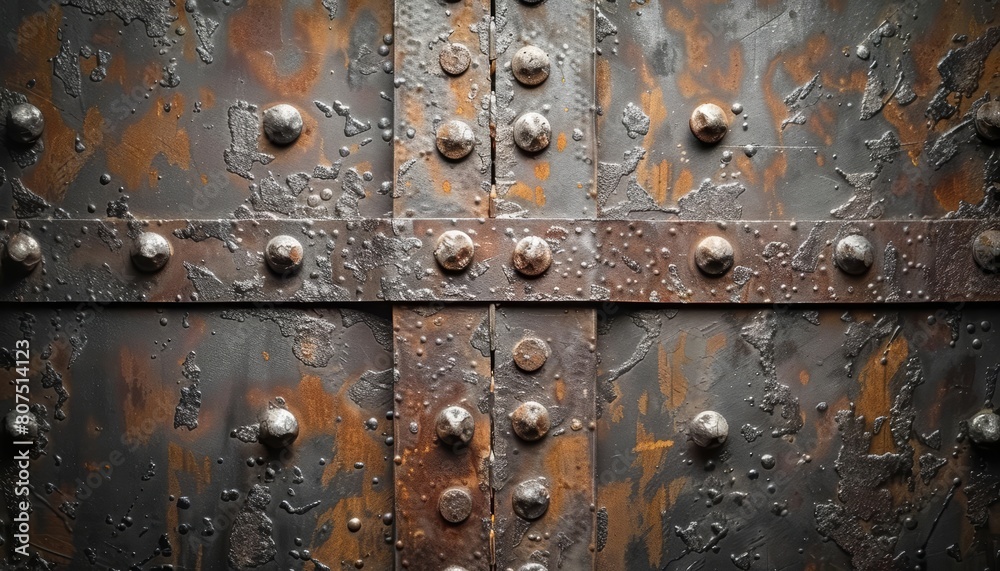 The rustic metal background with rivets and weathered patina tells a story of time and endurance, sharpen background texture with copy space