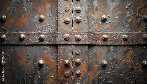 The rustic metal background with rivets and weathered patina tells a story of time and endurance, sharpen background texture with copy space