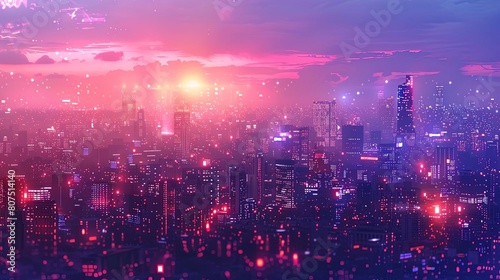 cityscapes with glowing night lights in the distance