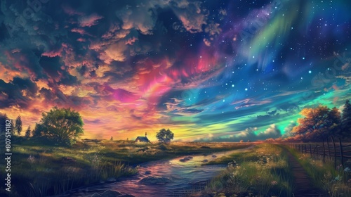 A mesmerizing twilight canvas where auroras meet the pastoral tranquility © abangaboy