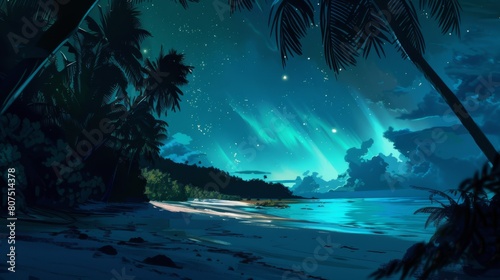 A tranquil tropical night sky aglow with stars