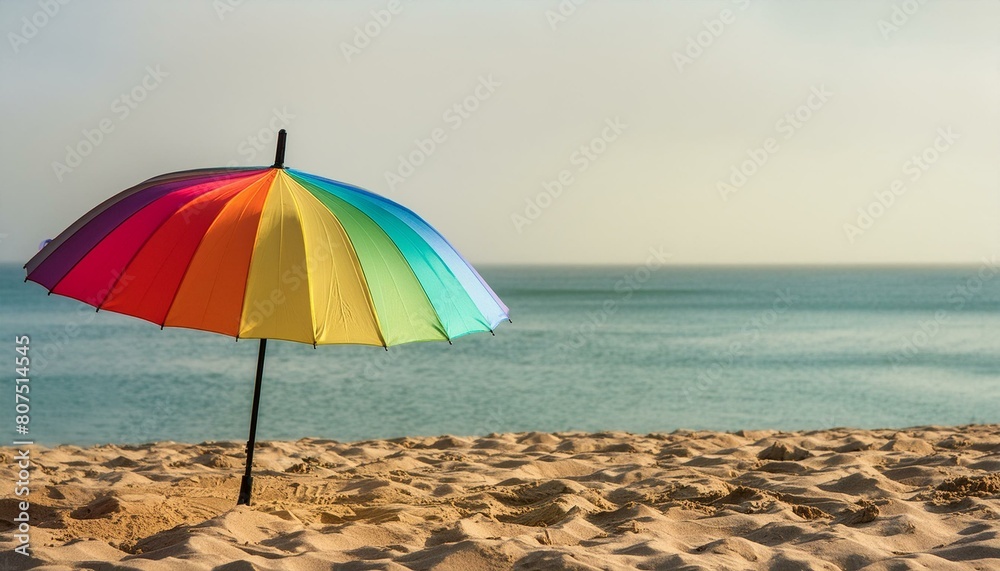 colorful beach umbrella on the beach, beach huts at sunset, woman doing exercises on the beach, multicolored yellow umbrella stand on a sandy beach against. Generative AI