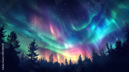 Aurora borealis dances above a silent forest photo