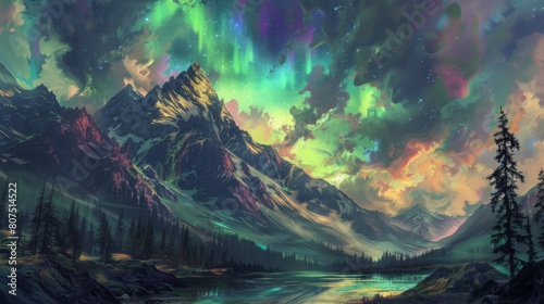 Aurora borealis dances over a serene mountain landscape