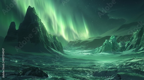 Aurora borealis illuminates a serene icy landscape