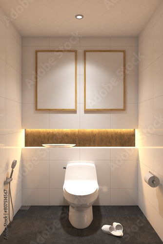 3d rendering illustration of interior toilet minimalist style with frame mock up. Ceramic tile white wall finish  Cement tile floor finish and white ceiling. Set 10