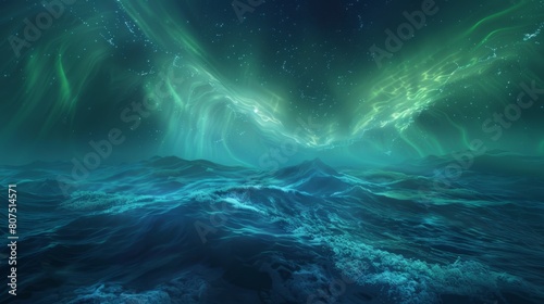 Aurora borealis shimmering over a neon lit ocean