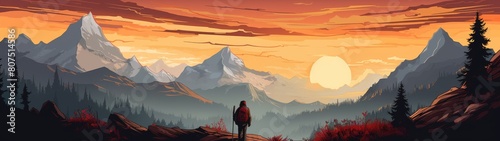 Hiker overlooking majestic mountain landscape at sunset photo