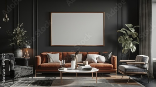 A 3D Mockup frame sits beautifully against a backdrop of a dark and stylish living room, 3D render sharpen © JK_kyoto