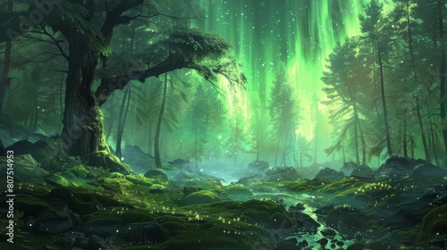 Enchanted forest aglow with mystical northern lights