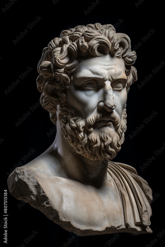 Detailed sculpture of a bearded man with intricate hairstyle