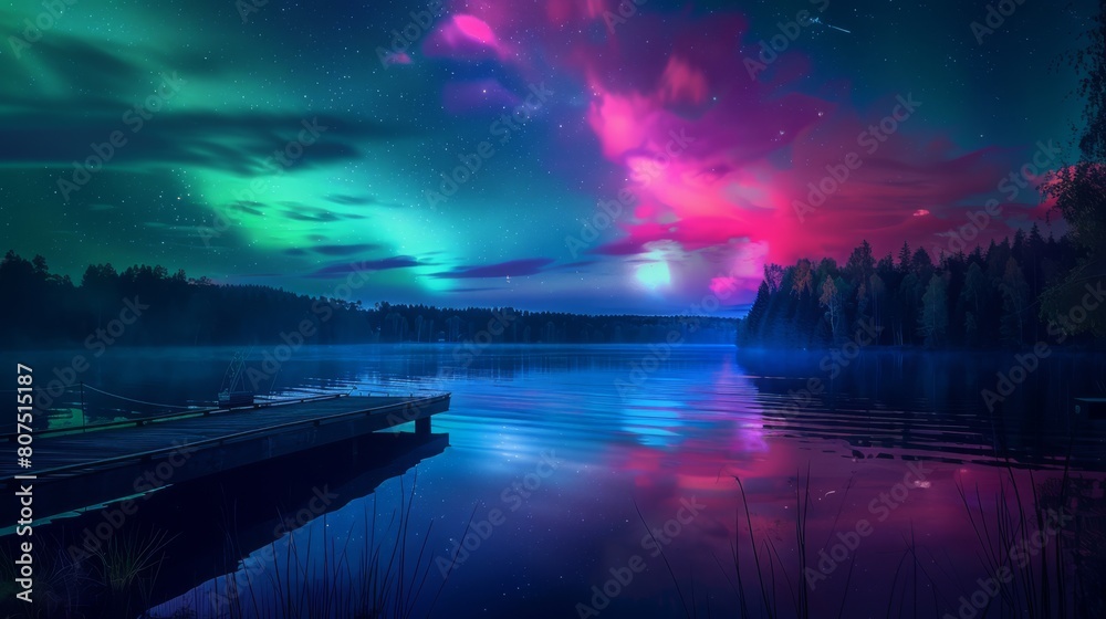 Enchanted night sky aglow with auroras over a serene lakeside