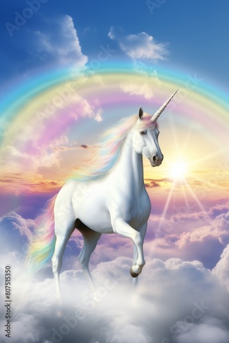 Majestic unicorn in magical rainbow sky