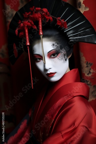 Dramatic portrait of a geisha with bold makeup and red kimono