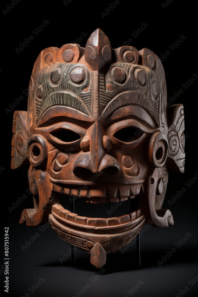 Carved wooden tribal mask with intricate patterns Carved wooden tribal mask with intricate patterns