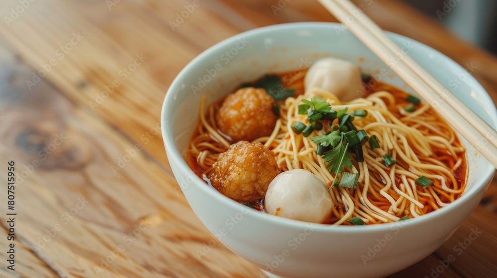 Noodle food Chinese Noodle with fish ball and white bowl on wood table chopstick