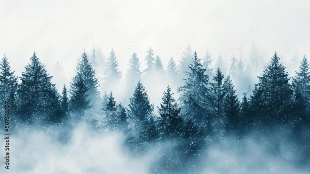 enigmatic foggy forests with tall pine trees under a white sky