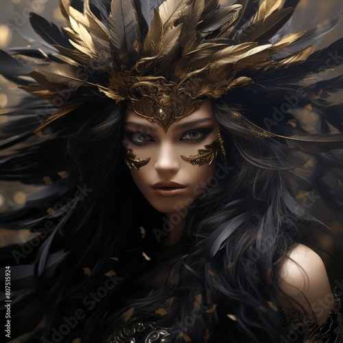 Mysterious woman in ornate golden feathered headdress
