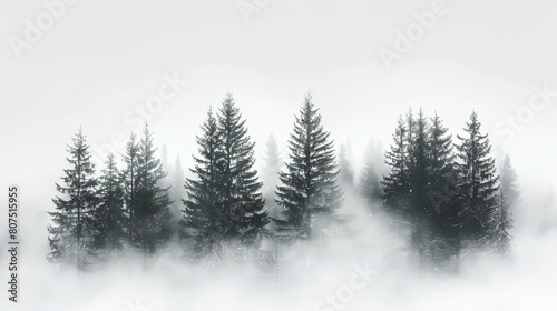 enigmatic foggy forests with tall pine trees under a white sky