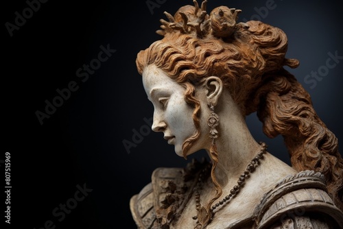 Ornate sculpted bust of a woman with curly hair