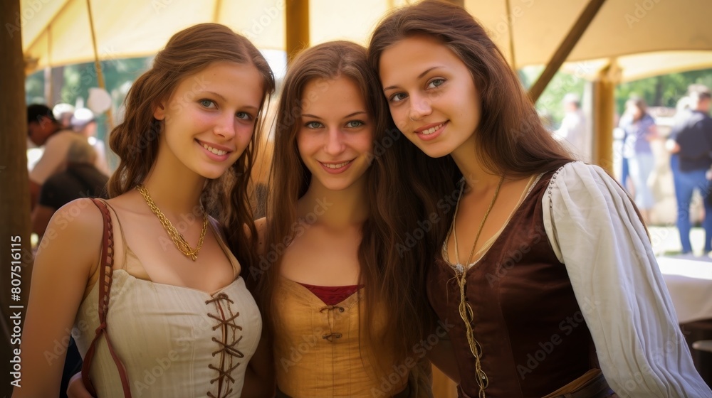 Obraz premium Three young women in medieval-style clothing posing together