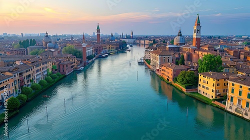 exotic aerial views of historic cities featuring lush green trees, calm blue waters, and colorful buildings under a clear blue sky