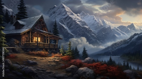 Cozy mountain cabin overlooking snowy peaks photo