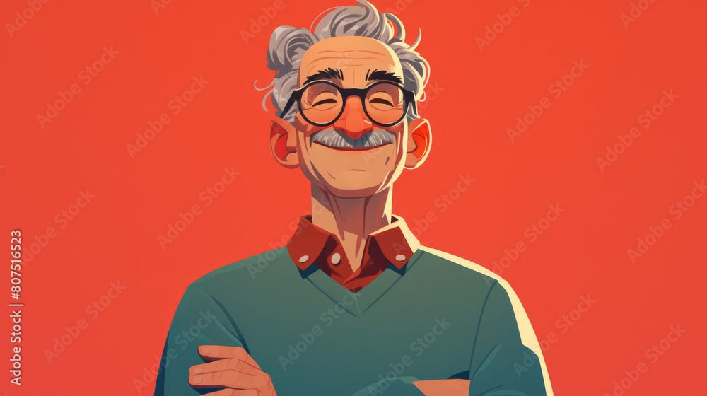 Fototapeta premium A cartoon man with glasses and a mustache is smiling