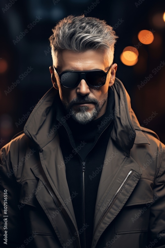 Obraz premium Mysterious man in dark coat and sunglasses