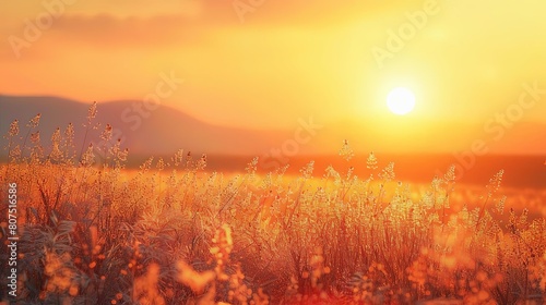 golden hour glows as the sun sets over a vast field of tall grass, with a distant mountain in the background and a vibrant orange and yellow sky above © YOGI C
