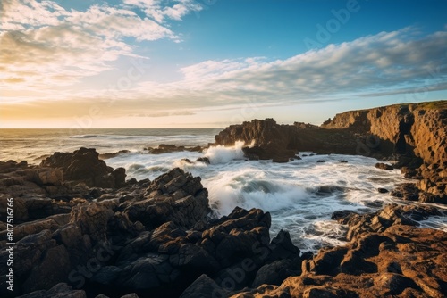 Dramatic ocean waves crashing against rocky coastline at sunset