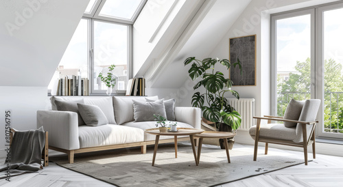 A living room with sofa, armchair and coffee table in the center of an attic. The walls have straight lines, light gray color and wooden beams on top of them © Kien