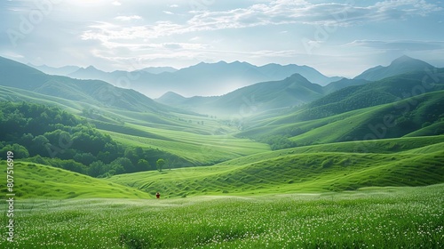 green valley landscape photography wallpaper featuring a serene blue and white sky with a fluffy white cloud photo