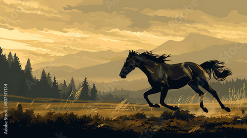 Silhouette of a horse running in mountains digital painting