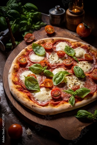 Delicious homemade pizza with fresh basil and tomatoes