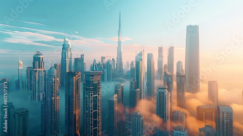 impressive modern cityscapes with towering skyscrapers against a clear blue sky