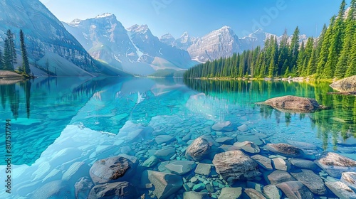 majestic mountain reflections on a serene lake surrounded by lush green trees under a clear blue sky